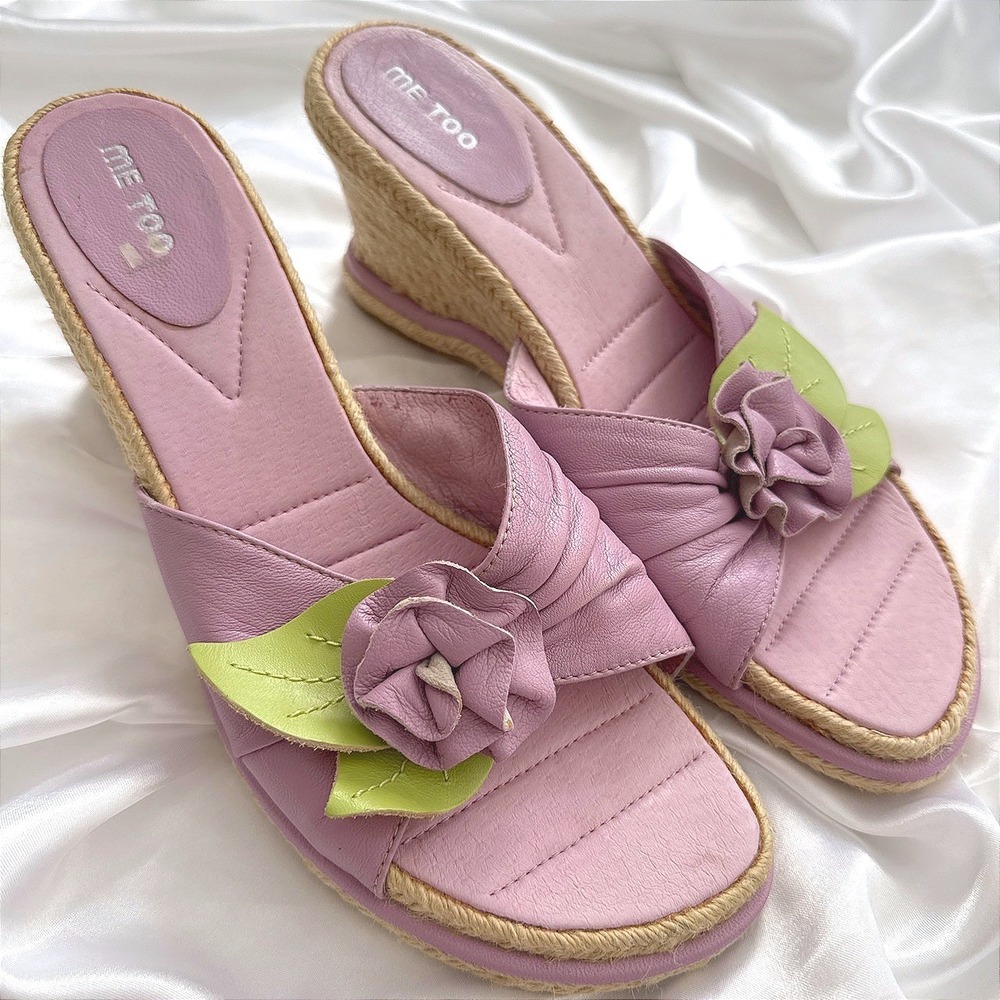 Me Too Pink Leather Rosette Espadrille Wedge Sandals Women 10 Floral Slide